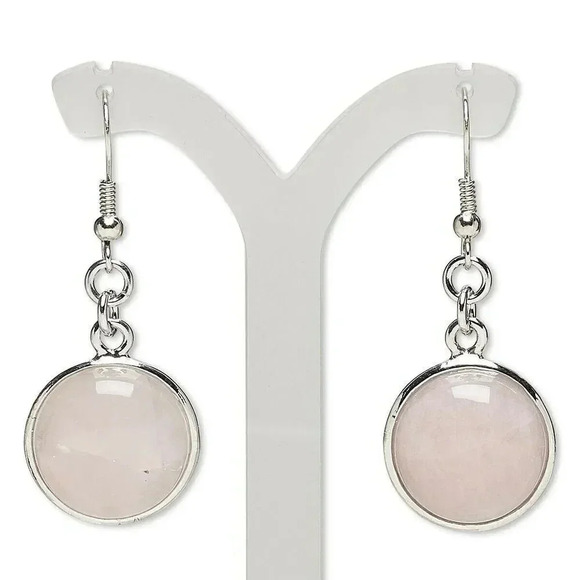 Hand Crafted Natural Rose Quartz Gemstone Cabochon Silver Dangle Earrings - Picture 1 of 1